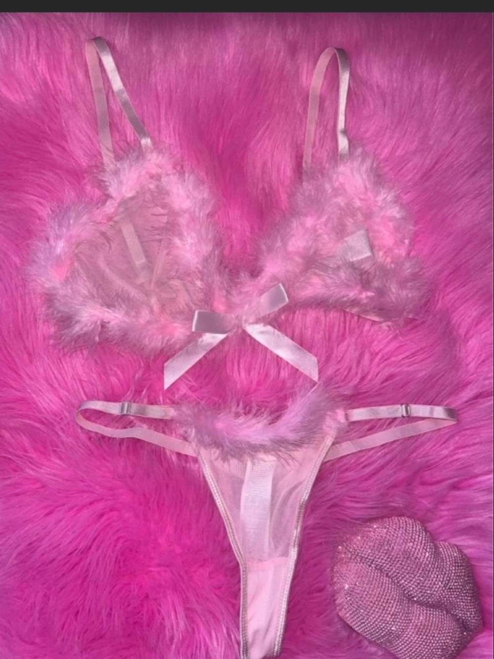 Pink Furry Bralette & Thong Lingerie Set